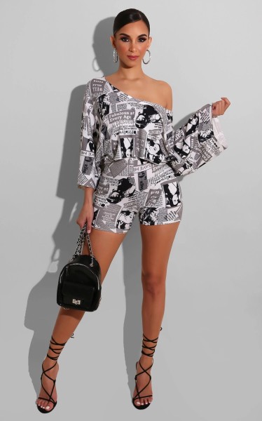 Sexy Women's Newspaper Letter T-shirt Two-Piece Set cl6046
