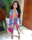 Sexy Slim Hollow Printed Bandage Ruffle Sleeve Jumpsuit NY8088