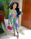 Sexy Slim Hollow Printed Bandage Ruffle Sleeve Jumpsuit NY8088