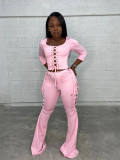 Two-piece flared trousers with square neck eyelet straps and buttons S177