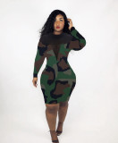 See-through mesh stitching long-sleeved dress LM8284