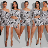 Sexy Women's Newspaper Letter T-shirt Two-Piece Set cl6046
