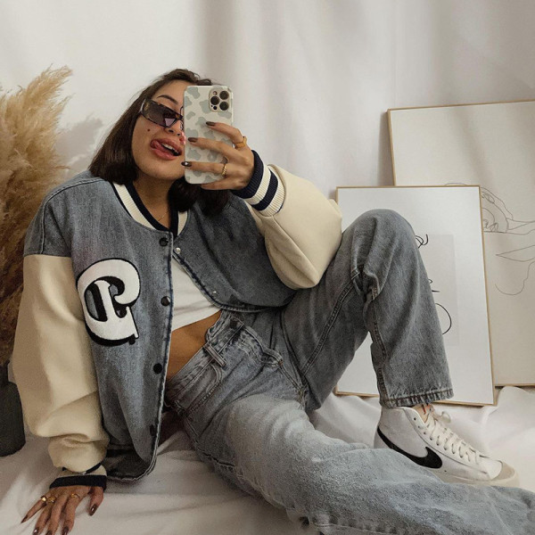 2021 autumn and winter new letter embroidery cardigan buttoned denim stitching baseball uniform jacket T186254G