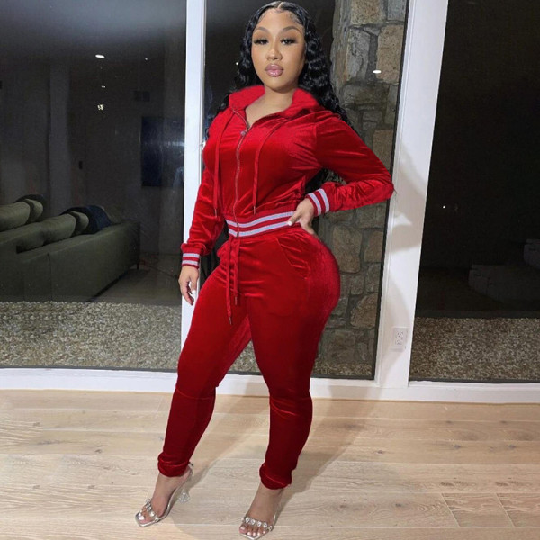 2021 autumn and winter women's new fashion hooded velvet blouse high waist corset casual trousers suit K21S07248