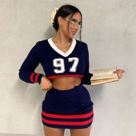 Women's Fall 2021 V-neck Long Sleeve Digital Embroidered Knit Sweater Tight-fitting Hip Skirt Two-Piece Set S196523