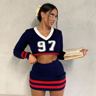 Women's Fall 2021 V-neck Long Sleeve Digital Embroidered Knit Sweater Tight-fitting Hip Skirt Two-Piece Set S196523