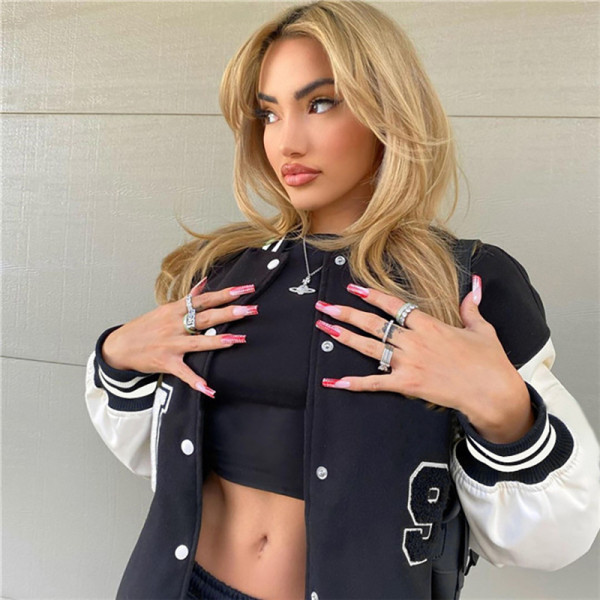 Fall 2021 new women's fashion stand-up collar long-sleeved jacket loose single-breasted baseball uniform jacket women K21C06360
