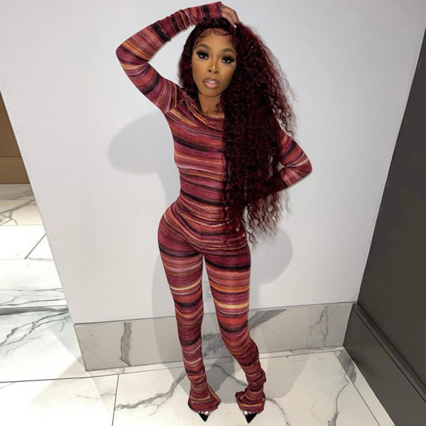 Women's 2021 new autumn fashion printed round neck long-sleeved shirt slim slimming wide-leg pants suit S186251A