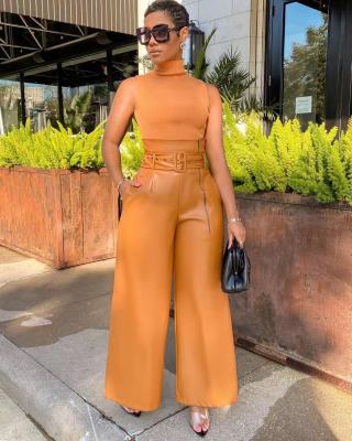 Autumn and winter new style PU leather high waist pants with belt D8392-1