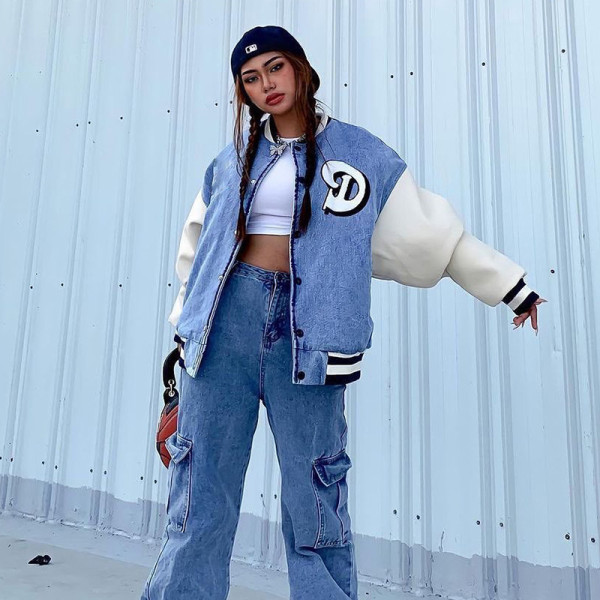 2021 autumn and winter new letter embroidery cardigan buttoned denim stitching baseball uniform jacket T186254G