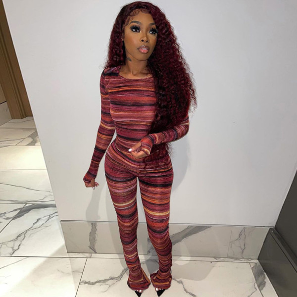 Women's 2021 new autumn fashion printed round neck long-sleeved shirt slim slimming wide-leg pants suit S186251A