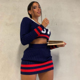 Women's Fall 2021 V-neck Long Sleeve Digital Embroidered Knit Sweater Tight-fitting Hip Skirt Two-Piece Set S196523