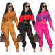 Women's casual sports two-color stitching printed letters long-sleeved two-piece suit D9430
