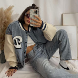 2021 autumn and winter new letter embroidery cardigan buttoned denim stitching baseball uniform jacket T186254G