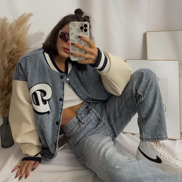 2021 autumn and winter new letter embroidery cardigan buttoned denim stitching baseball uniform jacket T186254G