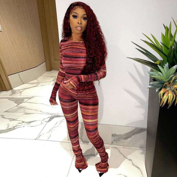 Women's 2021 new autumn fashion printed round neck long-sleeved shirt slim slimming wide-leg pants suit S186251A