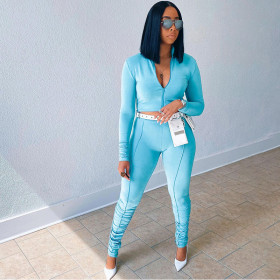 Women's 2021 new autumn/winter fashion zipper long-sleeved cardigan top Slim-fit pleated trousers yoga suit S186239A