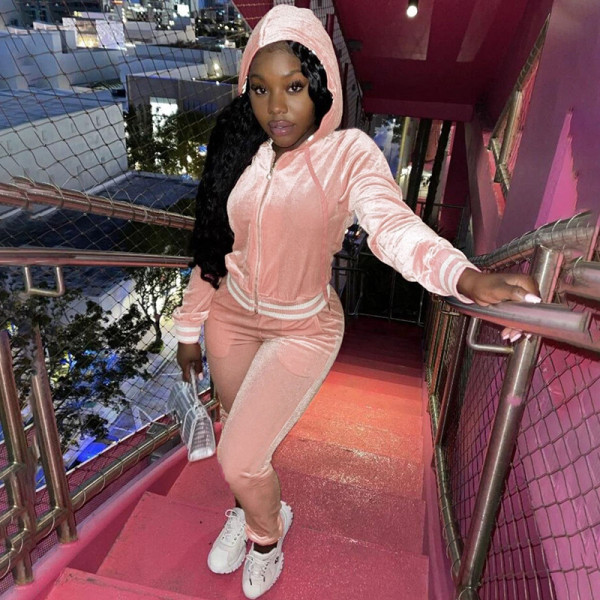 2021 autumn and winter women's new fashion hooded velvet blouse high waist corset casual trousers suit K21S07248