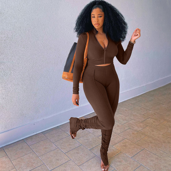Women's 2021 new autumn/winter fashion zipper long-sleeved cardigan top Slim-fit pleated trousers yoga suit S186239A