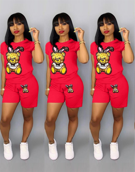 Fashion sequined cartoon short-sleeved shorts Fashion suit Q5090