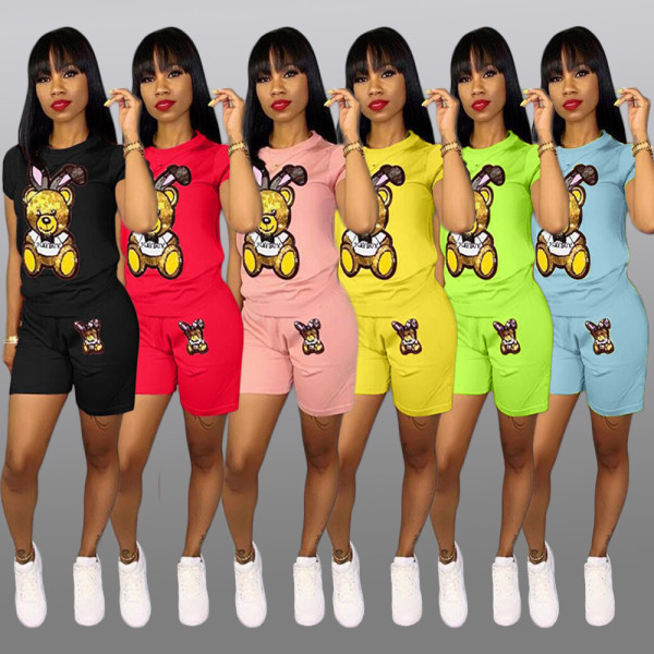 Fashion sequined cartoon short-sleeved shorts Fashion suit Q5090