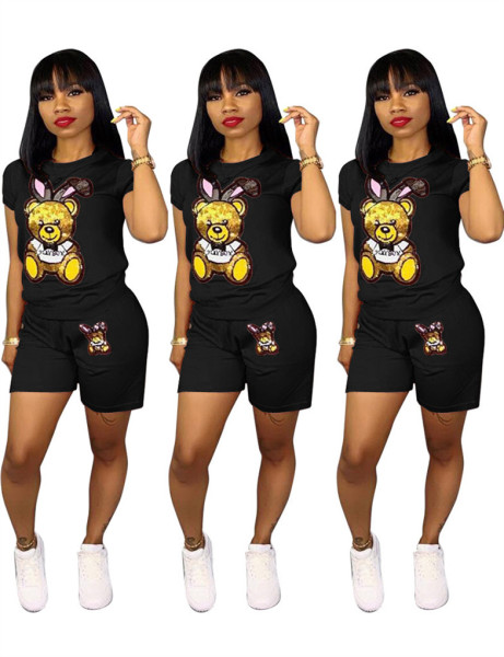 Fashion sequined cartoon short-sleeved shorts Fashion suit Q5090