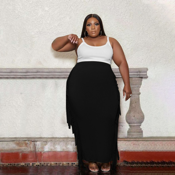 Large size solid color autumn and winter characteristic fringed long skirt PH13262