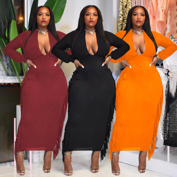 Women's plus size sexy deep V fringed dress KY80053
