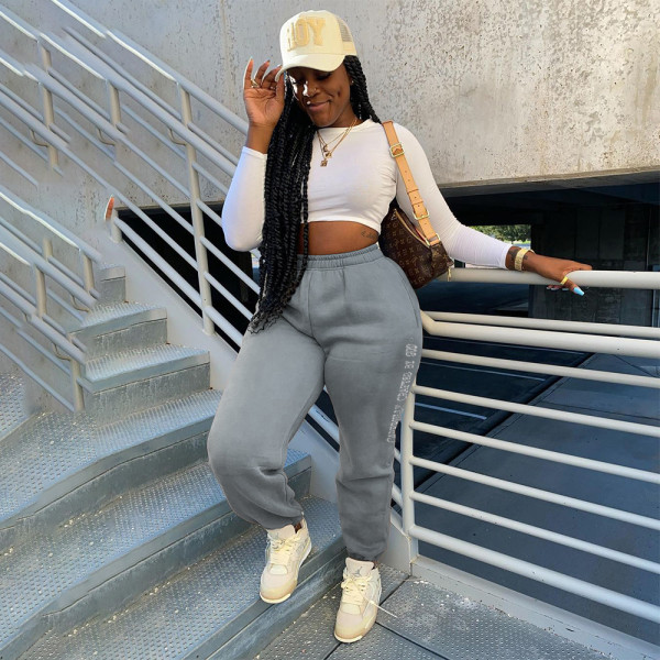 High quality fabric solid color printed letters loose fit pants QS51050