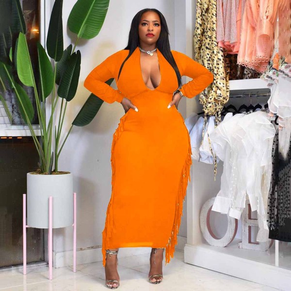 Women's plus size sexy deep V fringed dress KY80053