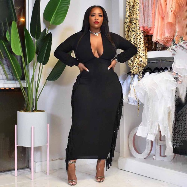 Women's plus size sexy deep V fringed dress KY80053