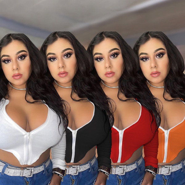 Plus size women's clothing solid color irregular sexy zipper pit top KY80055