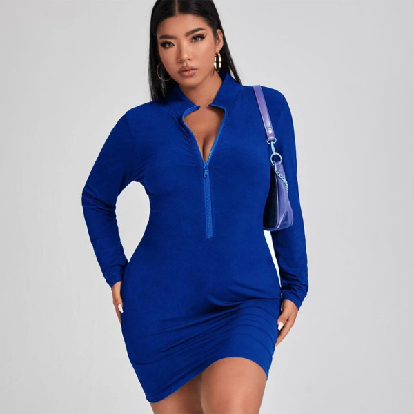 Fat woman plus size European and American casual women's small pit strip solid color zipper dress PH13260