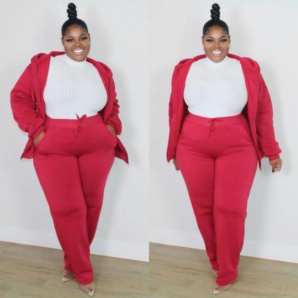 Plus size women's solid color zipper with hood pockets plus size two-piece suit CQ150
