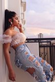 New women's wash water, worn, white, ripped holes, gradient, elastic, sexy jeans A3285