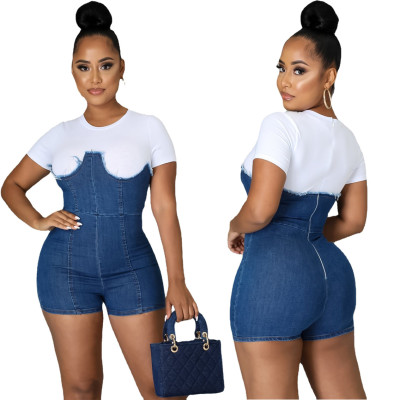 Women's fashion casual high elastic denim two-color stitching jumpsuit with hidden zipper A3291