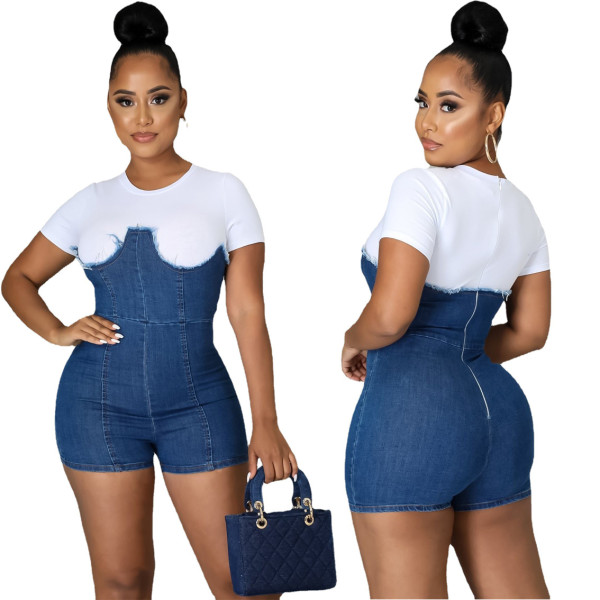 Women's fashion casual high elastic denim two-color stitching jumpsuit with hidden zipper A3291