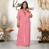 New style long sleeves loose striped shirt long dress HN041