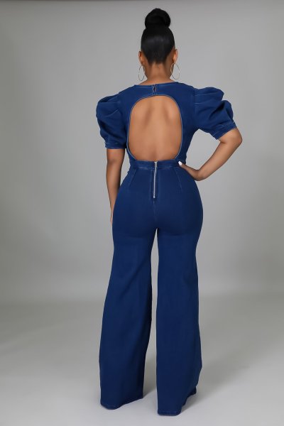 Women's Puff Sleeve Hollow Zipper Round Neck Short Sleeve Denim Jumpsuit A3289