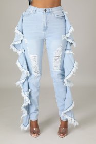 Slim-fit sexy stretch jeans with ruffled fringe and shredded holes A3293
