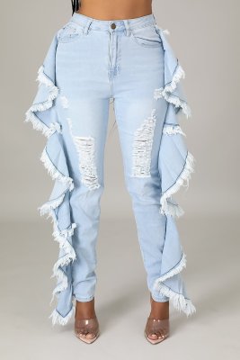 Slim-fit sexy stretch jeans with ruffled fringe and shredded holes A3293
