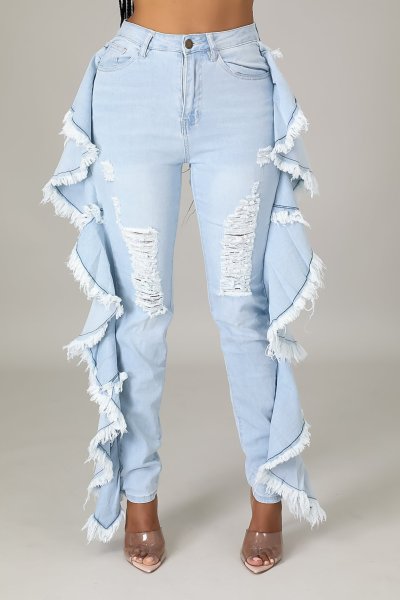 Slim-fit sexy stretch jeans with ruffled fringe and shredded holes A3293