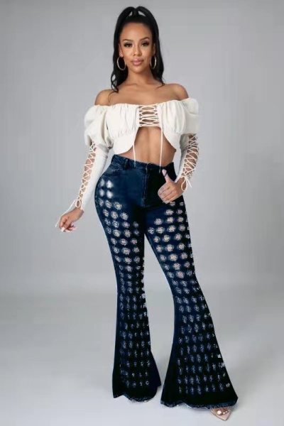 New women's sexy stretch denim flared pants with washed water holes and sanded hair A3273
