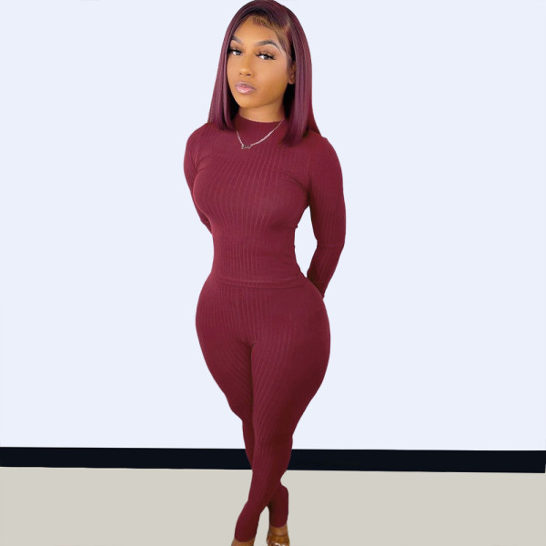 Women's 2021 autumn and winter new style solid color pitted thread long-sleeved two-piece suit TC095