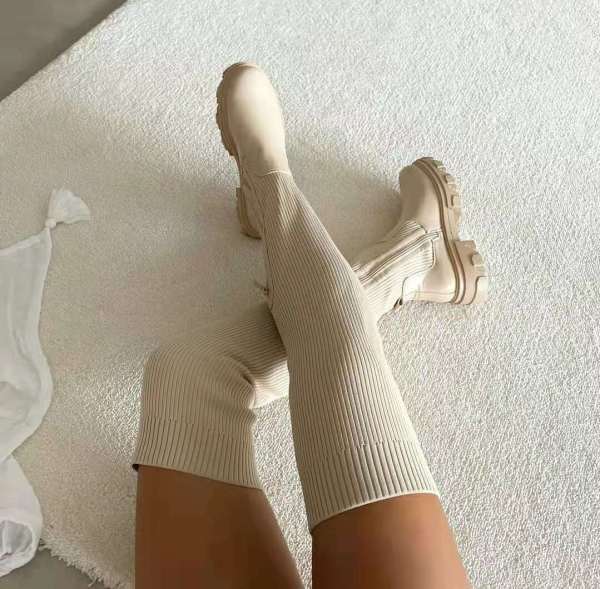 Thick-soled over-the-knee boots women's cross-border stretch fly-knit wool high-top boots round toe breathable single shoes S655368990267