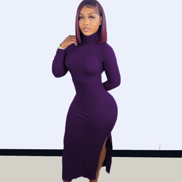 Women's 2021 autumn and winter new style solid color pitted thread long-sleeved dress TC096