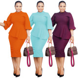 Women's Seven-point Lantern Sleeve One-Step Shoulder Fashion Sexy 2-Piece Dress SZ8156