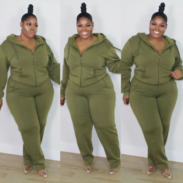 Plus size women's solid color zipper with hood pockets plus size two-piece suit CQ150