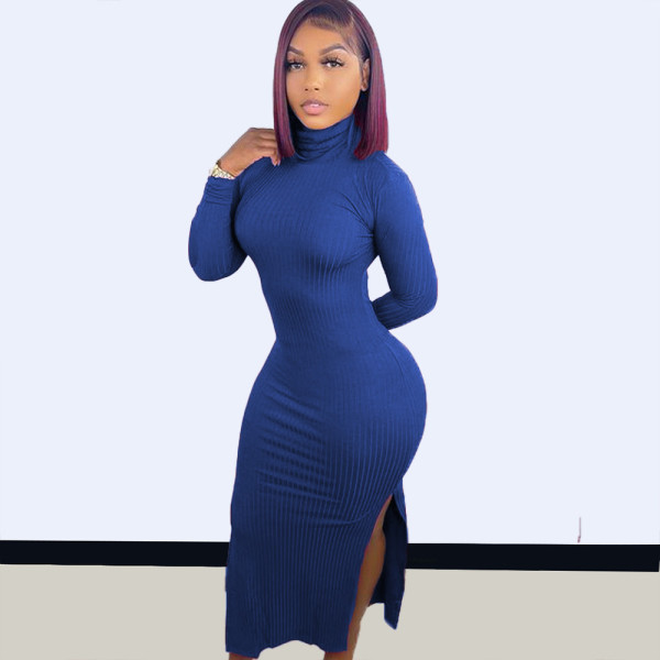 Women's 2021 autumn and winter new style solid color pitted thread long-sleeved dress TC096