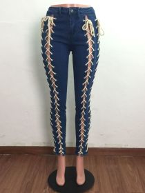 Women's new autumn corn eyelet drawstring elastic sexy slim denim trousers A3287